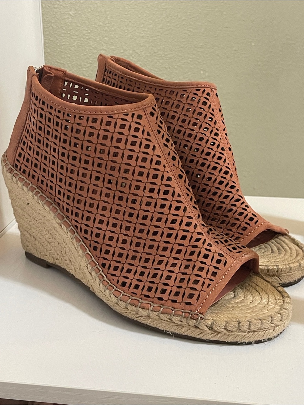 Vince Camuto Terracotta Laser-Cut Espadrille Wedge Booties
